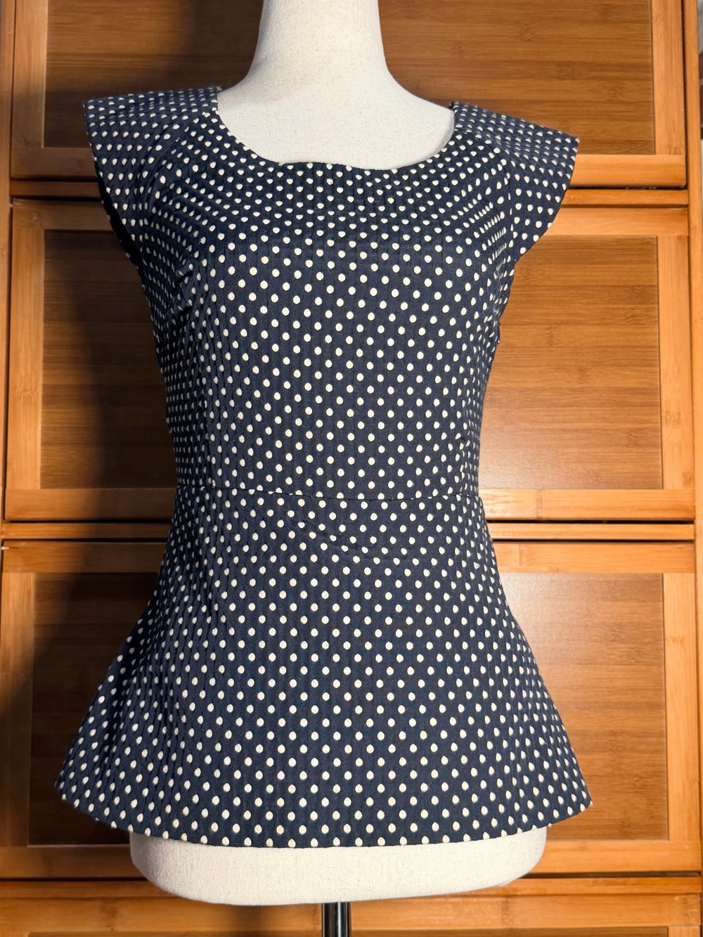 Banana Republic Navy and White Polka Dot Cap Sleeve Peplum Top
